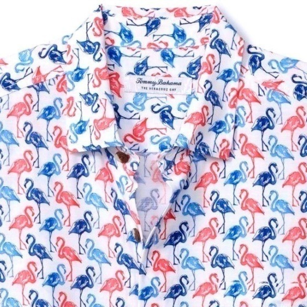 Tommy‎ Bahama Mens XL Veracruz Cay Flamingo Mingle White Camp Shirt NWT